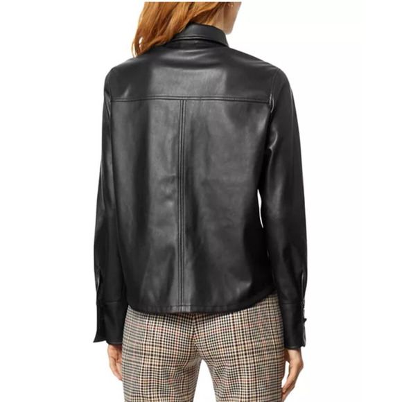 Habitual Taylor Women M Blouse Cropped Faux-Leather Button Front Shirt Black - Picture 3 of 11